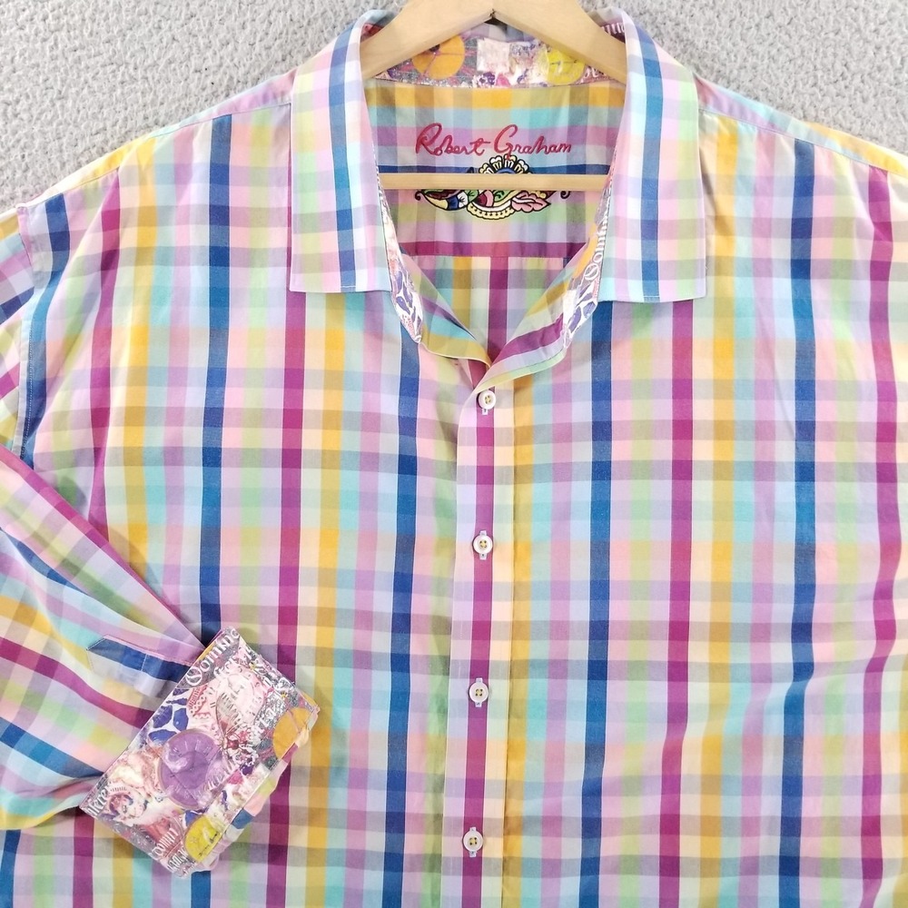 Robert Graham Shirt *FLAWS Mens 4XL Pink Plaid Long Sleeve Button Down Flip Cuff